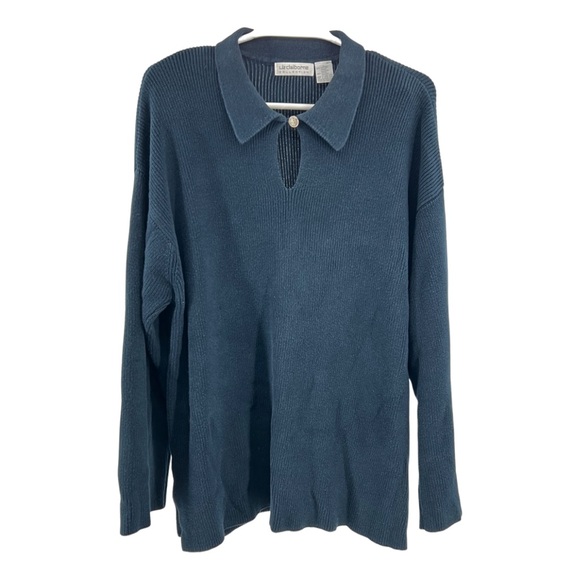 Liz Claiborne Collection L cotton rayon collared keyhole sweater navy casual - Picture 1 of 8